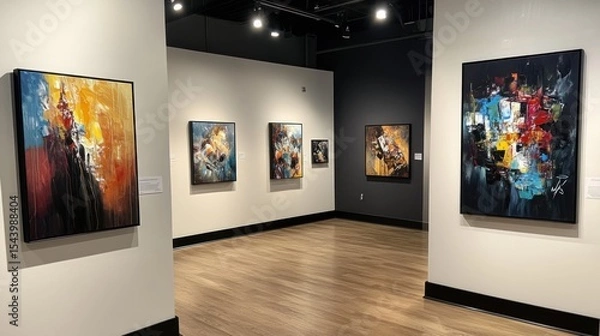 Fototapeta Modern abstract paintings displayed on gallery walls
