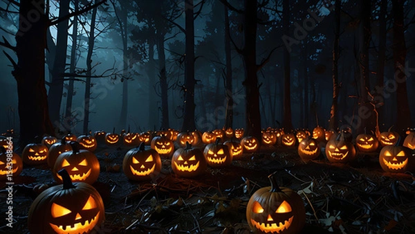 Fototapeta A haunted forest at midnight with dozens of floating, demonic pumpkins with evil carved faces and glowing eyes.