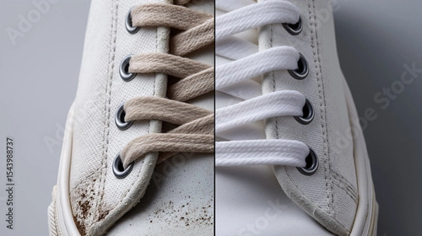 Obraz Comparison of dirty and clean white sneakers in close-up