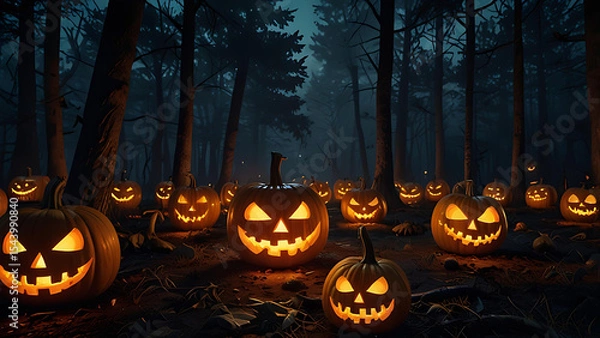 Fototapeta A haunted forest at midnight with dozens of floating, demonic pumpkins with evil carved faces and glowing eyes.