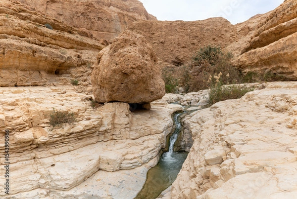 Fototapeta Small  waterfall downstream in the Arugot Stream Nature Reserve near the Dead Sea in the southern Israel