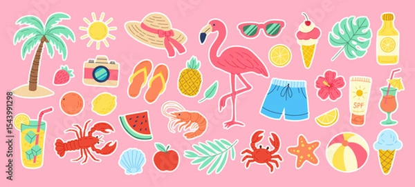 Obraz A colorful collection of stickers featuring various beach and summer items such as sunglasses, hats, and drinks
