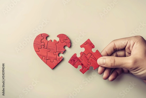 Fototapeta Stylish human hand and AI robot arm completing red heart puzzle, white background, high-resolution concept art