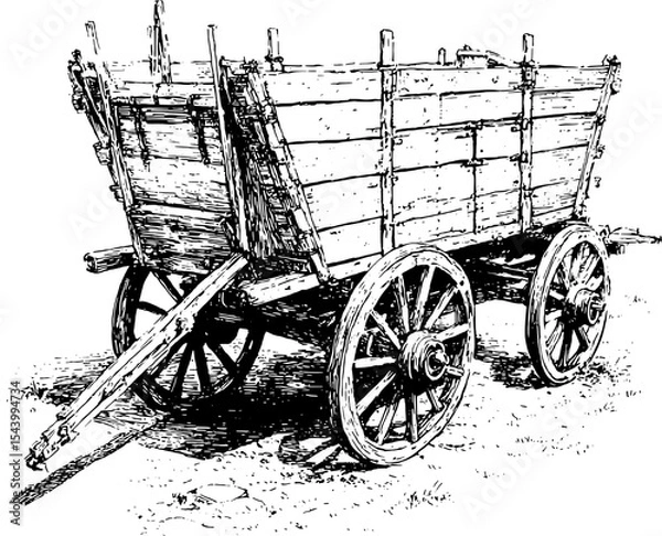 Fototapeta Detailed copperplate print-style of a old wooden cart, wooden wheels, hatching line drawing vector illustration