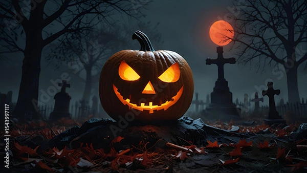 Fototapeta A sinister glowing jack-o'-lantern in a foggy graveyard, surrounded by skeletal hands reaching from the ground, under a blood-red moon.