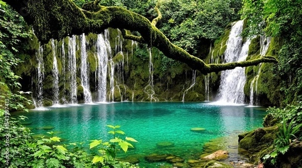 Fototapeta Lush waterfall cascading into a tranquil pool, nestled within a dense, mossy forest