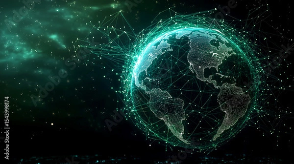 Fototapeta Digital network connections enveloping planet earth in a glowing data web