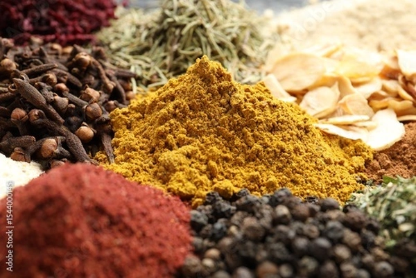 Fototapeta Many different spices as background, closeup view