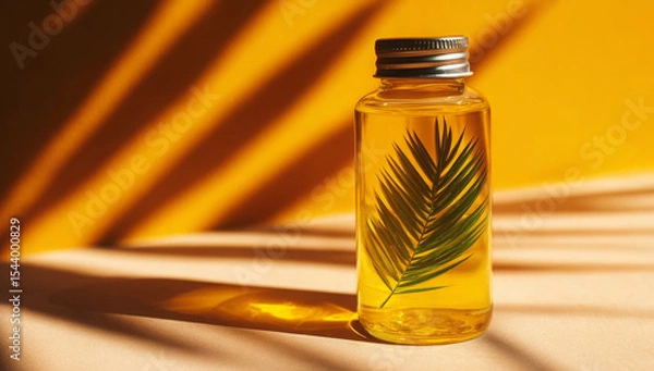 Fototapeta Minimal Glass Bottle with Leaf and Shadow Against Yellow Background
