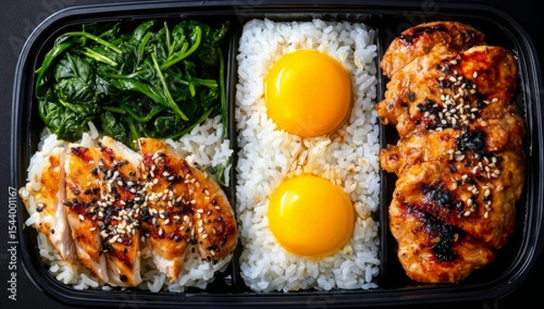 Fototapeta Simple Minimalist Bento Box with Grilled Chicken, Rice, Spinach, and Sunny-Side-Up Eggs