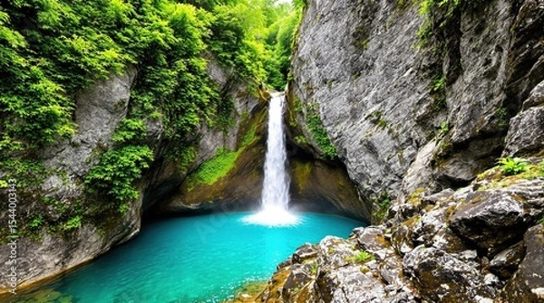 Fototapeta Waterfall cascading into turquoise pool nestled between rocky cliffs with lush foliage