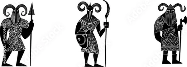 Fototapeta Heimdall, Norse god, primitive tribal viking style, minimalistic black ink design, bold rough lines, simple figure with ram horned helmet, standing guard, frontal or profile silhouette