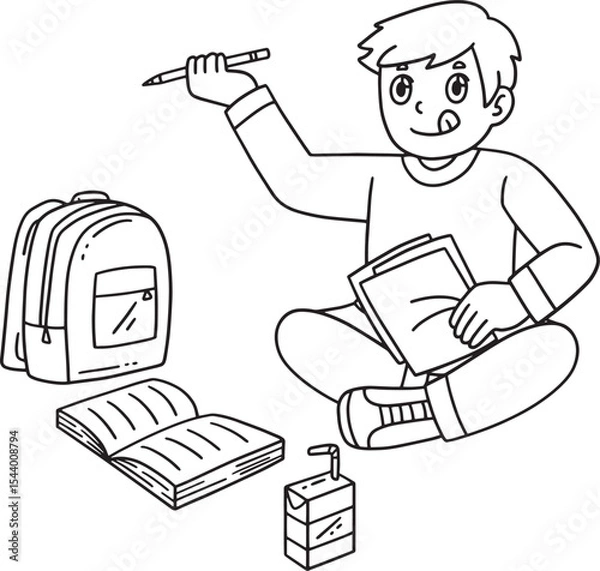 Fototapeta School Yard Boy Studying on the Grass Isolated 