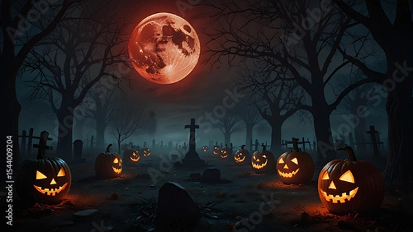 Fototapeta A sinister glowing jack-o'-lantern in a foggy graveyard, surrounded by skeletal hands reaching from the ground, under a blood-red moon.
