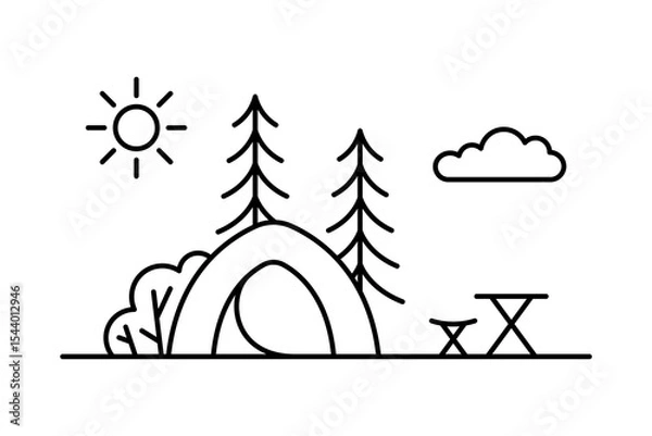Fototapeta Tourist tent in the forest icon. Black outline linear silhouette. Editable strokes. Front view. Vector simple flat graphic illustration. Isolated object on white background. Isolate.