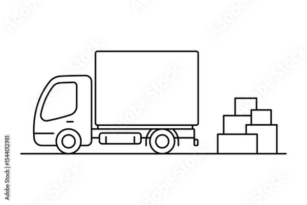 Fototapeta Truck and boxes icon. Black outline linear silhouette. Editable strokes. Side view. Vector simple flat graphic illustration. Isolated object on white background. Isolate.