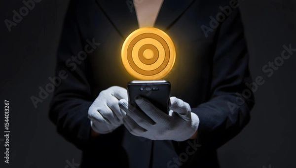 Obraz A person in a suit uses a smartphone displaying a glowing target icon signifying precise goal achievement and business success strategy via digital marketing technology.