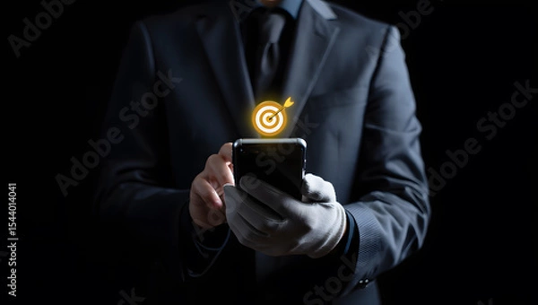 Obraz Businessman in a suit pressing a button with his hand, conceptualizing technology and communication