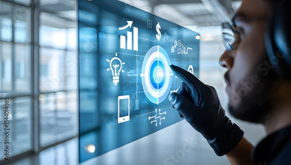 Obraz DJ and businessman at a futuristic office, hands on a digital screen, celebrating global success with virtual technology