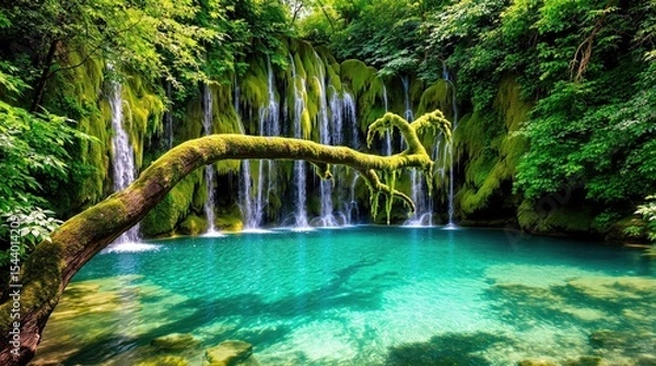 Fototapeta Vibrant turquoise waters flow beneath a lush mossy waterfall in a verdant forest scene