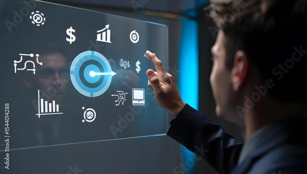 Obraz A businessman interacts with a futuristic transparent screen displaying financial data graphs charts and business strategy icons representing growth goals and target achievement.