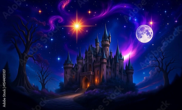 Fototapeta Mystical Nights at the Towering Castle Where Dreams and Stars Collide