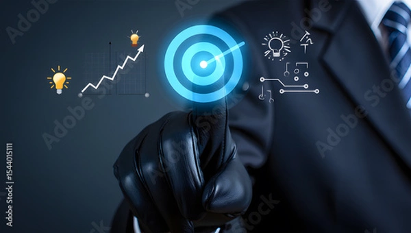 Obraz A businessman wearing a black glove interacts with a digital target representing business growth, innovation, and strategic planning, showcasing technological advancement in modern business.