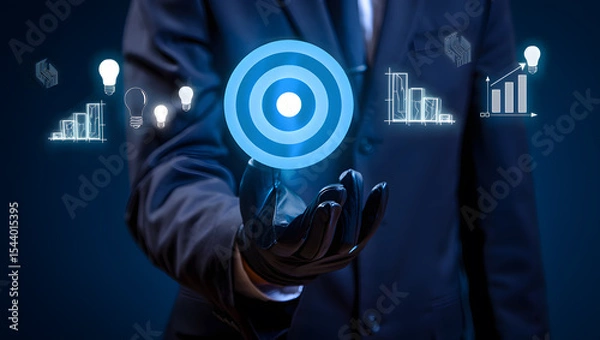 Obraz A businessman's hand cradles a glowing target symbol amidst innovative ideas and growth charts symbolizing strategic planning success achievement business goals and future prospects.