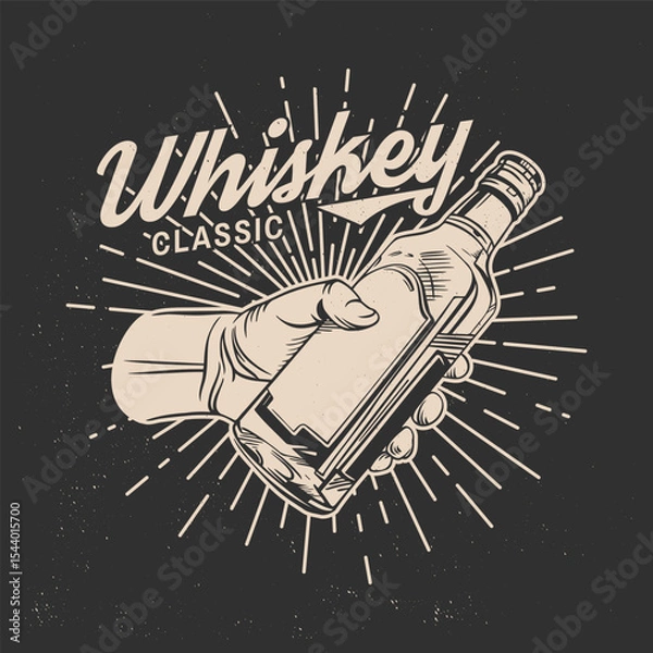 Fototapeta Classic Whiskey badge, label, shirt retro design. Vector illustration. Hand holding bottle of scotch whisky or brandy. For logo design, patches, stickers