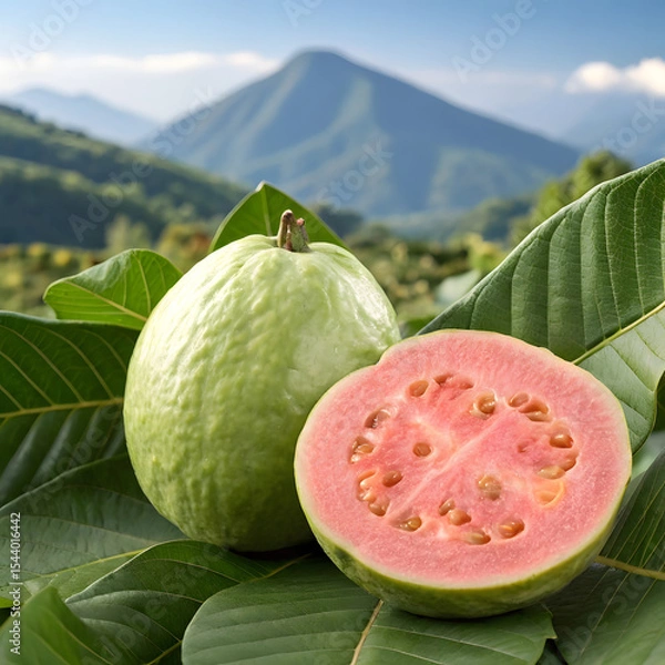 Obraz Image is a vibrant, high-resolution photograph featuring two guavas placed on a bed of lush green leaves. The guava on the left is whole, showcasing a smooth, light green skin with a slightly bumpy 