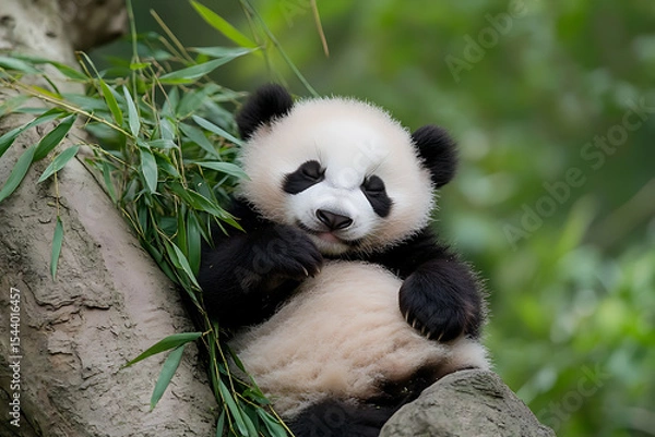 Fototapeta Resting panda with bamboo. The bear is seated, nestled among branches with lush green foliage, creating a peaceful scene of nature and relaxation.