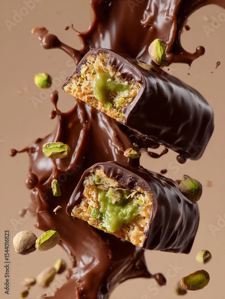 Fototapeta Dubai Chocolate Pistachio Bars with Kataifi Dough. Broken in half with rich, glossy melted chocolate coating and a golden crispy texture underneath, luxury food advertising style. AI Generative