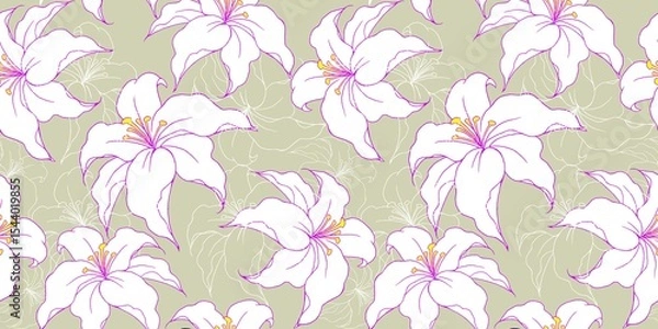 Fototapeta Seamless repeating pattern of tropical hibiscus flowers in white color on yellowish  background.
