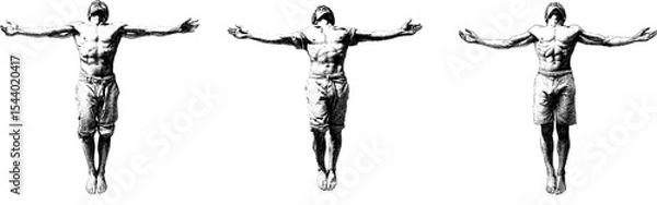 Fototapeta Black ink dotwork sketch, man with open arms and torso, levitating in air full height