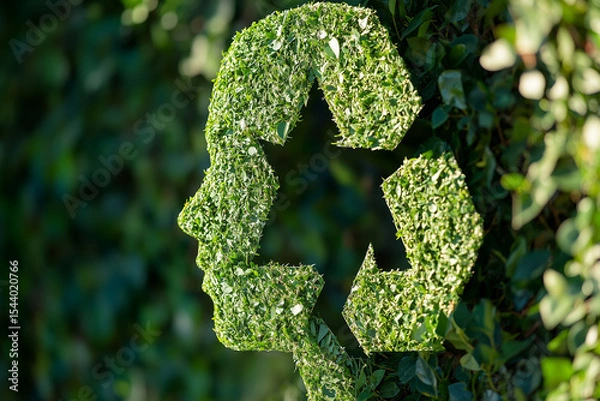 Fototapeta Aerial view Closeup headshot outdoor portrait Green recycle symbol icon sign with professional environment background to represent recycling or sorting of waste at office and for working people 