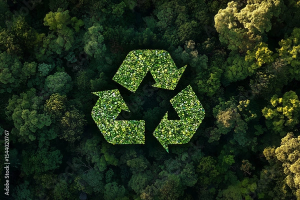 Fototapeta Aerial view Closeup headshot outdoor portrait Green recycle symbol icon sign with professional environment background to represent recycling or sorting of waste at office and for working people 