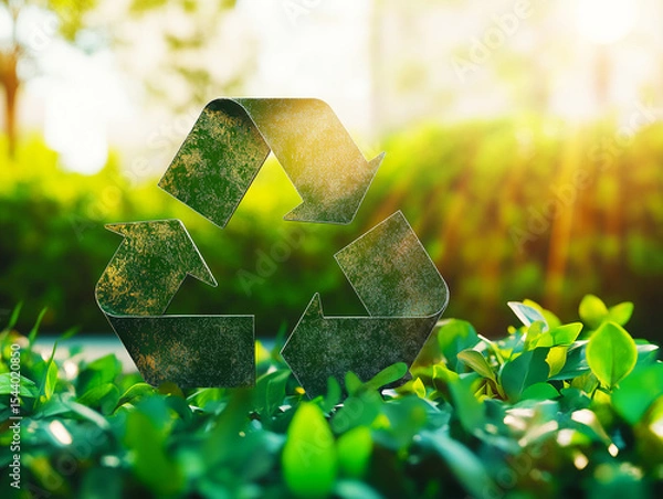 Fototapeta Aerial view Closeup headshot outdoor portrait Green recycle symbol icon sign with professional environment background to represent recycling or sorting of waste at office and for working people 