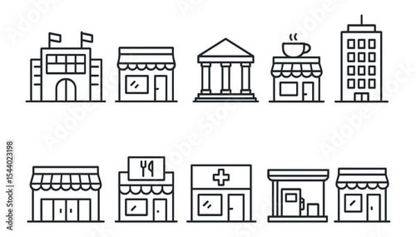 Obraz Building, cafe, shop icon set. urban and business icons in line style collection