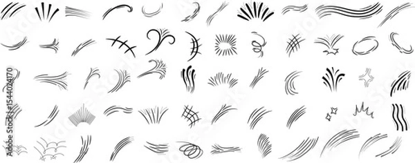 Fototapeta Comic line sparkle and movement elements set. Hand-drawn black ink dynamic strokes, speed lines, starbursts, swooshes, and pop-art accents. Perfect for manga, comic books, cartoon design, and motion e