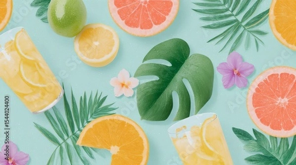 Fototapeta A colorful image of fruit and drinks with a tropical theme