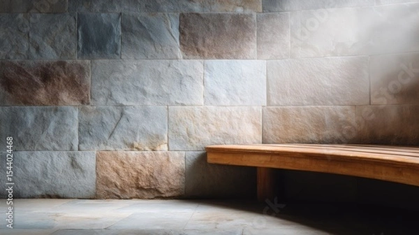 Fototapeta A stone wall with a bench in front of it