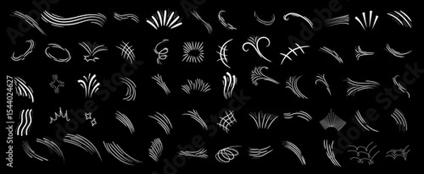 Fototapeta Comic line sparkle and movement elements set. Hand-drawn black ink dynamic strokes, speed lines, starbursts, swooshes, and pop-art accents. Perfect for manga, comic books, cartoon design, and motion e