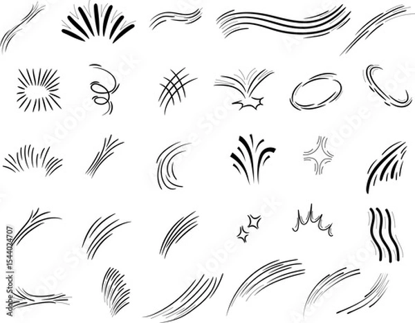 Fototapeta Comic line sparkle and movement elements set. Hand-drawn black ink dynamic strokes, speed lines, starbursts, swooshes, and pop-art accents. Perfect for manga, comic books, cartoon design, and motion e
