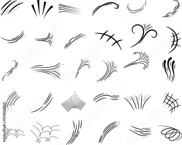 Fototapeta Comic line sparkle and movement elements set. Hand-drawn black ink dynamic strokes, speed lines, starbursts, swooshes, and pop-art accents. Perfect for manga, comic books, cartoon design, and motion e