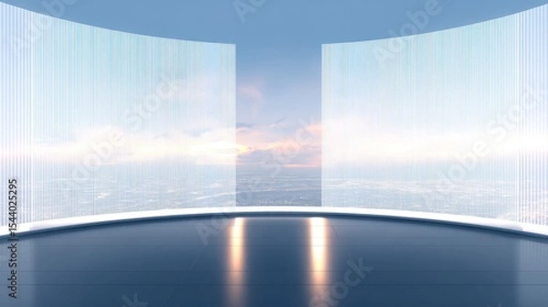 Obraz Futuristic panoramic window with cityscape and sky view at sunset