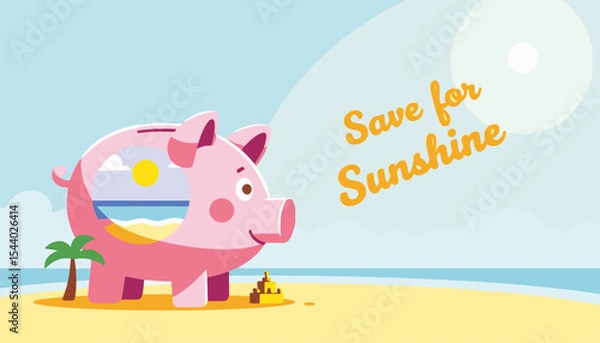 Fototapeta Playful pink piggy bank saving for sunshine on a beach with a palm tree and sandcastle, cheerful concept of finance or vacation planning