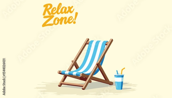 Fototapeta Relaxing beach chair with blue and white striped cloth and refreshing drink, minimalist style on a light yellow background, summer concept of travel agency or beach resort