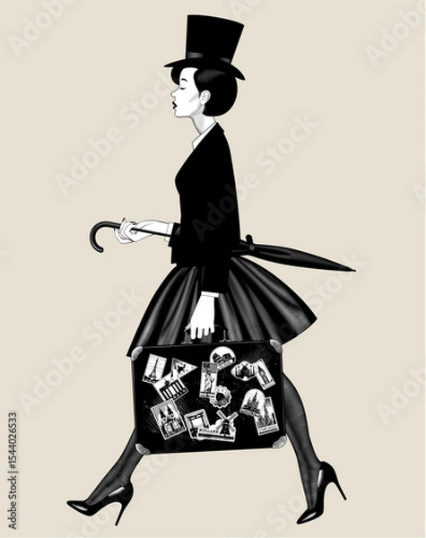 Fototapeta Walking woman in retro clothes carrying old suitcase with set of travel labels and folded umbrella. Vector illustration in black and white engraving style