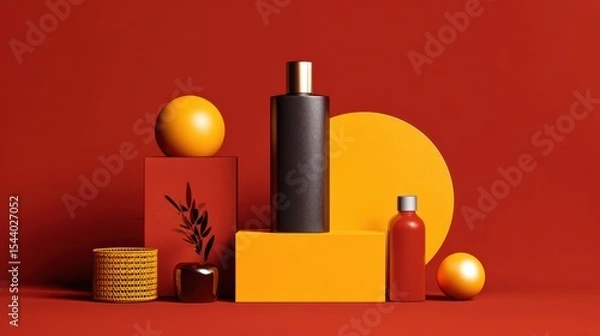 Obraz Vibrant red and yellow still life with geometric shapes and bottles