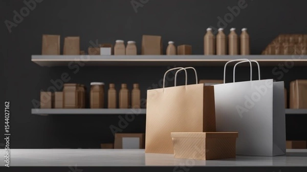 Obraz Minimalist shopping bags and boxes in modern retail space